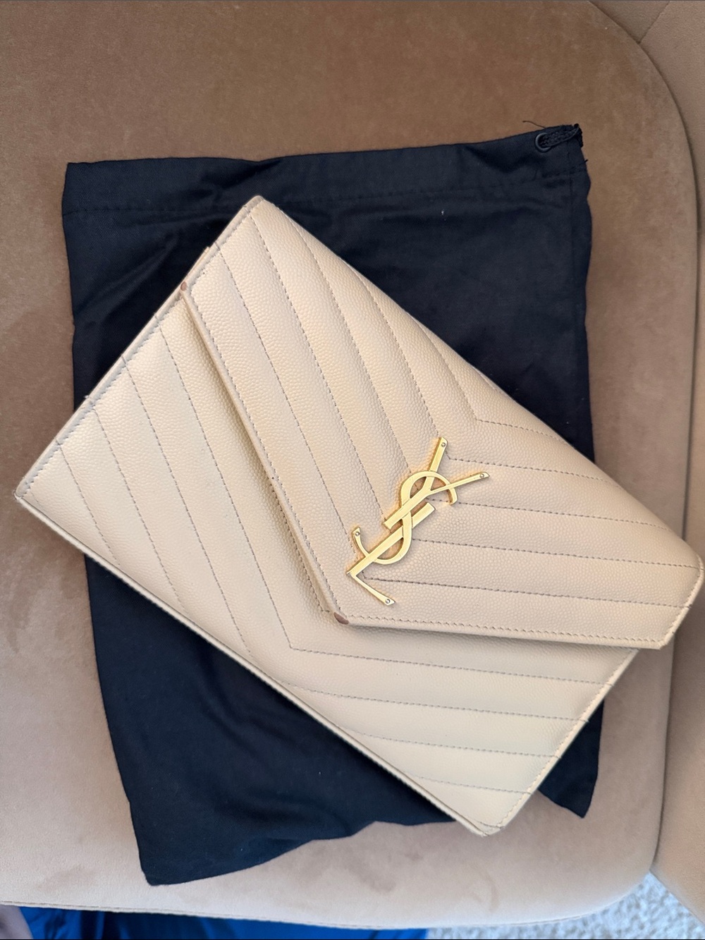 Saint Laurent Beige Quilted Envelope Clutch with Gold Logo